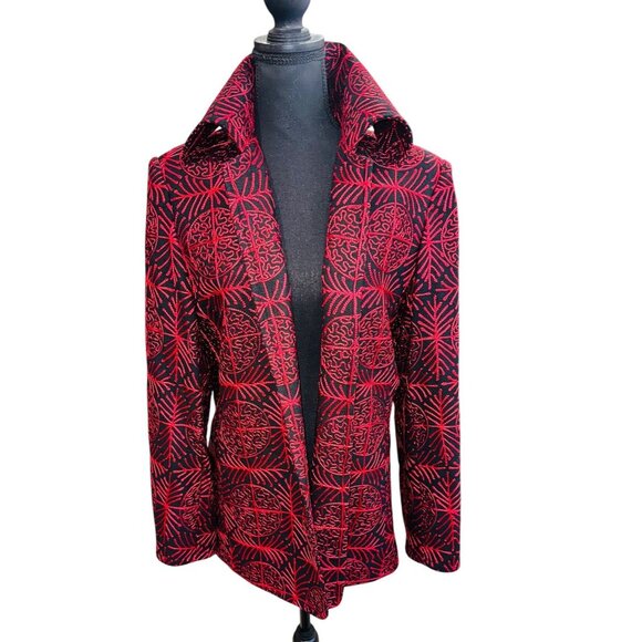 Allison W 100% Silk Jacket Jacquard Red Black Geometric Open Blazer Office City - Picture 1 of 11